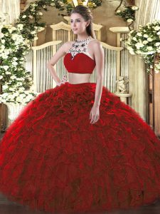 Extravagant Sleeveless Floor Length Beading and Ruffles Backless Vestidos de Quinceanera with Wine Red