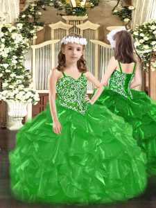 Luxurious Organza Straps Sleeveless Lace Up Beading and Ruffles Little Girls Pageant Gowns in Green