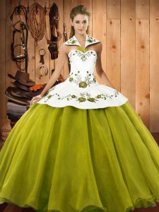 Lovely Olive Green Sleeveless Floor Length Embroidery Lace Up Quince Ball Gowns