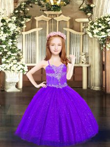 Floor Length Lace Up Little Girls Pageant Gowns Purple for Party and Quinceanera with Beading