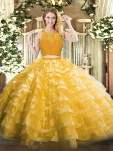 Glittering Organza Sleeveless Floor Length Ball Gown Prom Dress and Lace and Ruffled Layers