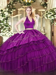 Floor Length Zipper Sweet 16 Dress Fuchsia for Military Ball and Sweet 16 and Quinceanera with Embroidery and Ruffled Layers