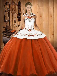 Cute Satin and Tulle Halter Top Sleeveless Lace Up Embroidery Quinceanera Dresses in Orange Red