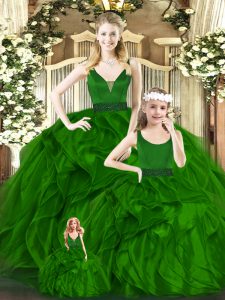 Floor Length Green Vestidos de Quinceanera Organza Sleeveless Beading and Ruffles