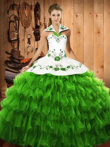 Floor Length Sweet 16 Dresses Satin and Organza Sleeveless Embroidery and Ruffled Layers