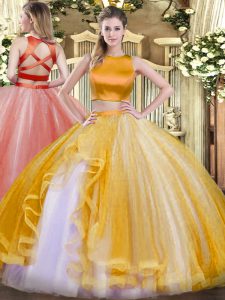 Gold Tulle Criss Cross High-neck Sleeveless Floor Length Quinceanera Dress Ruffles