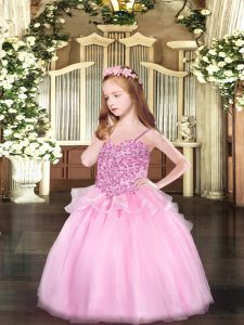 Inexpensive Pink Organza Lace Up Spaghetti Straps Sleeveless Floor Length Custom Made Pageant Dress Appliques