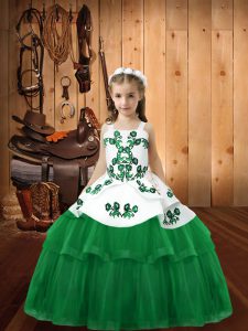 Green Ball Gowns Embroidery Little Girls Pageant Dress Wholesale Lace Up Tulle Sleeveless Floor Length