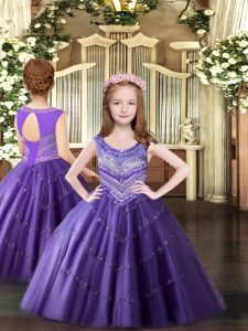 Lavender Ball Gowns Scoop Sleeveless Tulle Floor Length Lace Up Beading Pageant Dress for Girls