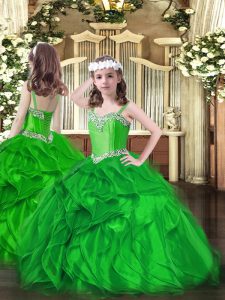 Luxurious Green Organza Lace Up Child Pageant Dress Sleeveless Floor Length Beading and Ruffles