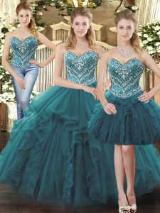 Modest Teal Tulle Lace Up Sweetheart Sleeveless Floor Length Quince Ball Gowns Beading and Ruffles