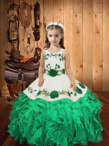 Turquoise Ball Gowns Embroidery and Ruffles Pageant Gowns For Girls Lace Up Organza Sleeveless Floor Length