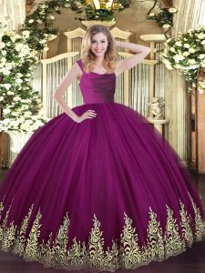 Fuchsia Sleeveless Lace and Appliques Floor Length Vestidos de Quinceanera