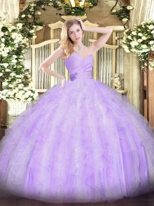 Edgy Lavender Organza Lace Up 15th Birthday Dress Sleeveless Floor Length Beading and Ruffles