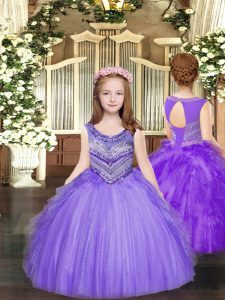 Gorgeous Lavender Tulle Lace Up Little Girl Pageant Gowns Sleeveless Floor Length Beading and Ruffles