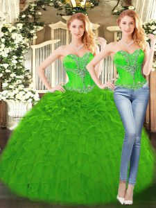 Green Quinceanera Dresses Military Ball and Sweet 16 and Quinceanera with Beading and Ruffles Sweetheart Sleeveless Lace Up