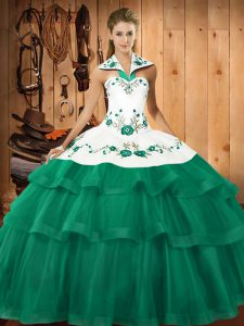 Vintage Turquoise Lace Up Sweet 16 Dress Embroidery and Ruffled Layers Sleeveless Sweep Train