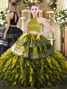 Vintage Sleeveless Floor Length Beading and Embroidery and Ruffles Backless Quinceanera Gowns with Olive Green