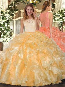 Organza Scoop Sleeveless Clasp Handle Lace and Ruffles Sweet 16 Dress in Gold