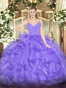 Low Price Lavender Organza Zipper Quince Ball Gowns Sleeveless Floor Length Ruffles