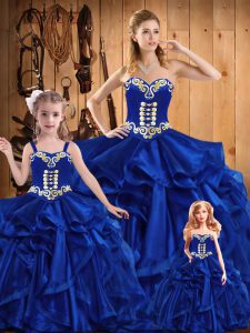 Royal Blue Sweetheart Lace Up Embroidery and Ruffles Ball Gown Prom Dress Sleeveless