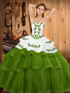 Traditional Olive Green Sleeveless Embroidery and Ruffled Layers Lace Up 15th Birthday Dress