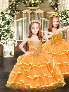 Simple Beading and Ruffled Layers Little Girls Pageant Dress Wholesale Orange Lace Up Sleeveless Floor Length