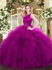 Sophisticated Ruffles Quince Ball Gowns Fuchsia Clasp Handle Sleeveless Floor Length
