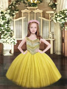 Gold Scoop Lace Up Beading Winning Pageant Gowns Sleeveless