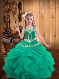 Floor Length Ball Gowns Sleeveless Turquoise Little Girls Pageant Gowns Lace Up