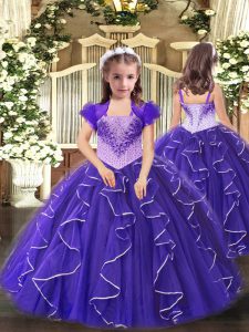 Purple Lace Up Straps Beading and Ruffles Little Girls Pageant Dress Wholesale Organza Sleeveless