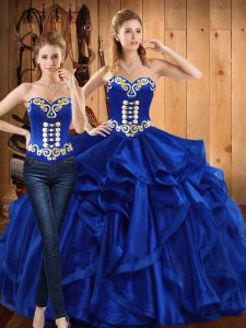 Luxury Royal Blue Organza Lace Up Sweetheart Sleeveless Floor Length Sweet 16 Quinceanera Dress Embroidery and Ruffles