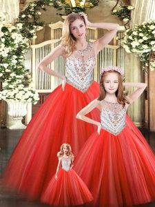 Red Ball Gowns Tulle Scoop Sleeveless Beading Floor Length Lace Up Quinceanera Gowns