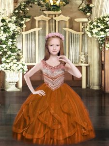 Custom Designed Sleeveless Floor Length Beading and Ruffles Lace Up Little Girl Pageant Dress with Rust Red