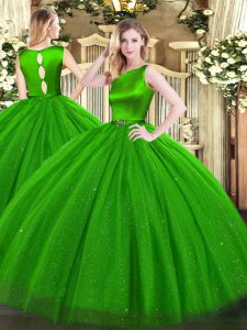 Captivating Floor Length Clasp Handle Quinceanera Gowns Green for Military Ball and Sweet 16 and Quinceanera with Belt