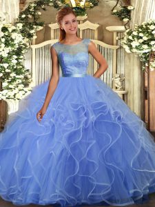 Popular Floor Length Backless 15 Quinceanera Dress Blue for Military Ball and Sweet 16 and Quinceanera with Lace and Ruffles