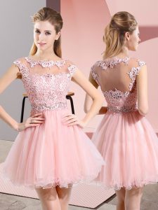 Sleeveless Knee Length Beading and Lace Side Zipper Vestidos de Damas with Baby Pink