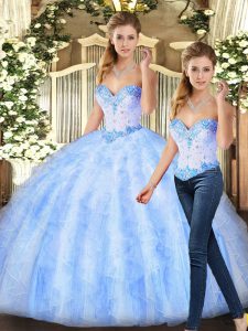 Noble Lavender Sleeveless Floor Length Beading and Ruffles Lace Up 15 Quinceanera Dress