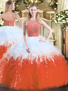 Halter Top Sleeveless Quinceanera Gown Floor Length Beading and Ruffles Multi-color Tulle