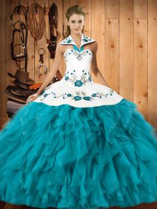 Halter Top Sleeveless Vestidos de Quinceanera Floor Length Embroidery and Ruffles Teal Satin and Organza