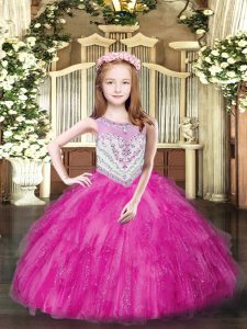 Fuchsia Tulle Zipper Scoop Sleeveless Floor Length Girls Pageant Dresses Beading and Ruffles