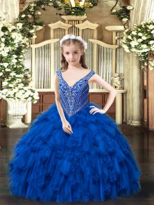 Custom Design Royal Blue Lace Up V-neck Beading and Ruffles Kids Formal Wear Organza Sleeveless