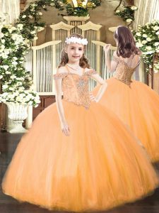 Dramatic Floor Length Lace Up Pageant Dress for Womens Orange for Party and Quinceanera with Beading