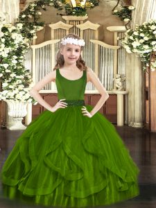 Dramatic Floor Length Olive Green Pageant Dress for Teens Scoop Sleeveless Zipper