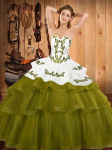 Olive Green Ball Gowns Tulle Strapless Sleeveless Embroidery and Ruffled Layers Lace Up Ball Gown Prom Dress Sweep Train