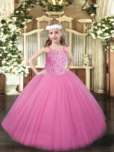 Best Rose Pink Ball Gowns Beading Little Girls Pageant Dress Wholesale Lace Up Tulle Sleeveless Floor Length