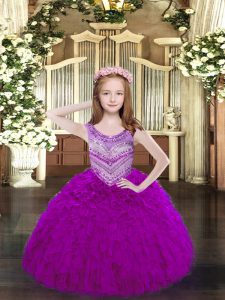 Excellent Sleeveless Lace Up Floor Length Beading and Ruffles Kids Pageant Dress