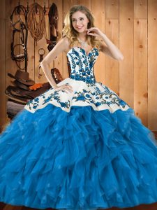 Comfortable Teal Sweetheart Lace Up Embroidery and Ruffles Quince Ball Gowns Sleeveless