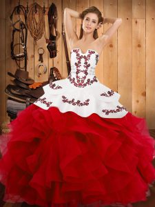 Clearance Floor Length White And Red Ball Gown Prom Dress Strapless Sleeveless Lace Up