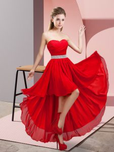 Sleeveless Chiffon High Low Lace Up Quinceanera Court Dresses in Red with Beading